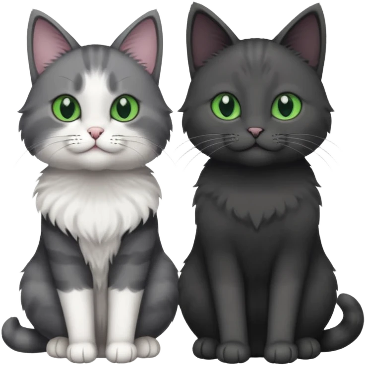 one dark grey and white cat and one completely solid dark grey cat with green eyes and only white paws emoji
