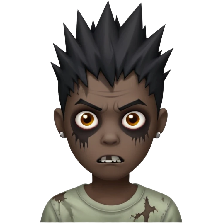 Boy, zombie, black spiky hair, medium long, emo, Freeform taper fade, dark, spooky, creepy expression emoji