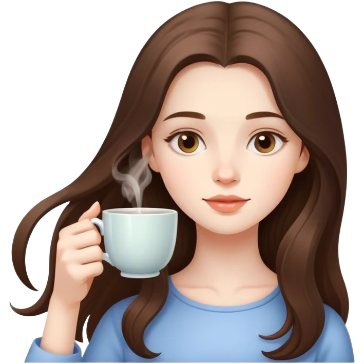  beautiful pale brunette girl with long hair drinking tea from a big cup emoji