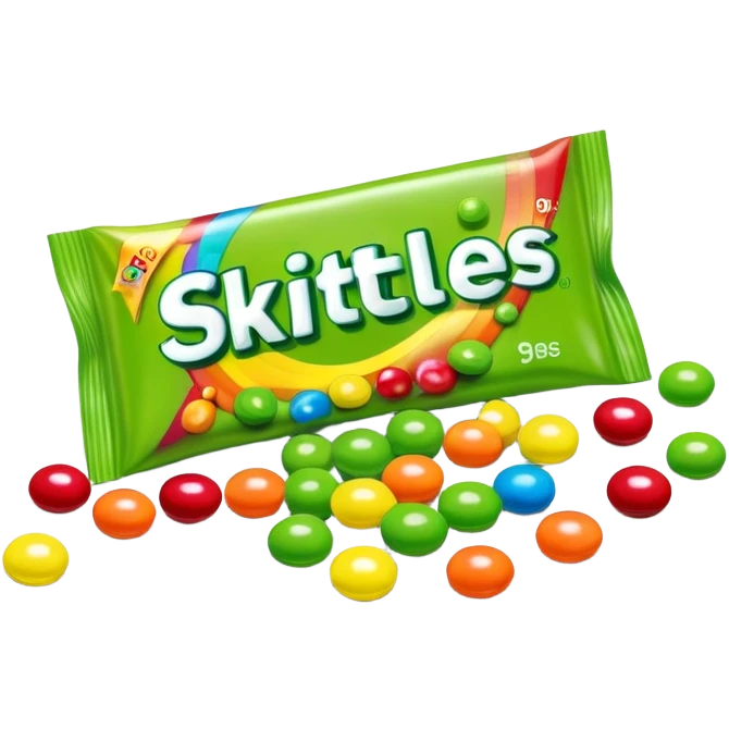 Colorful Skittles package with green candies scattered around it emoji