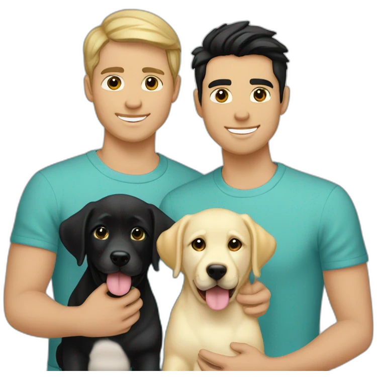 gay-couple,-1-guy-straight-blackhair australian-and-1-australian-white-guy-with-blackhair-slightly-curly-holding one light yellow labrador retriever puppy one labrador retriever puppy emoji