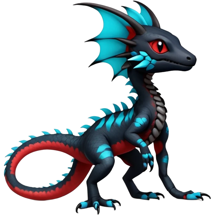 Rare realistic exotic edgy dark gothic gloomy spooky black and red/blue/cyan epic pretty beautiful handsome gorgeous aesthetic colorful vibrant Vernid-Trico-species-Fakemon-Salandit-hybrid-creature by LiLaiRa, 4 legs, 1 tail, random markings, (full body) emoji