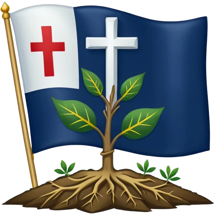 a flag with a Navy blue background with a white cross in the center, roots coming down from the bottom of the cross, a green leaf in the top right corner of the flag, and a slightly dark yellow star rising from behind the cross. emoji