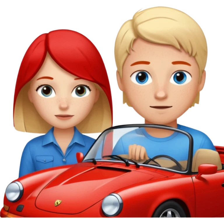 crea un emoji que sea una pareja, una chica rubia con pecas en la cara & los ojos azules & un chico con el pelo negro lindo con ojos cafés que haya un porsche rojo  emoji