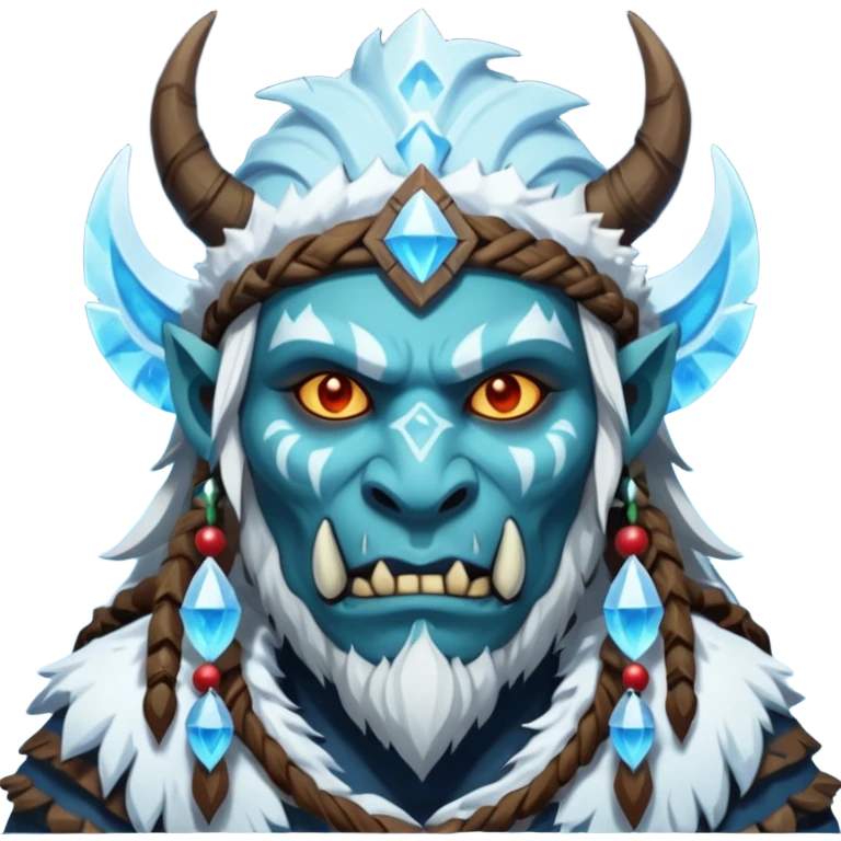 Fantasy Christmas orc shaman icon, ice spirit magic theme, glowing runes, winter tribal mask elements, mystical cold atmosphere, emoji sized portrait, male/female variant emoji