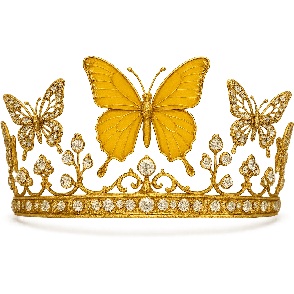 butterfly crown with a golden yellow base, one butterfly in deep yellow enamel, sparkling gems emoji