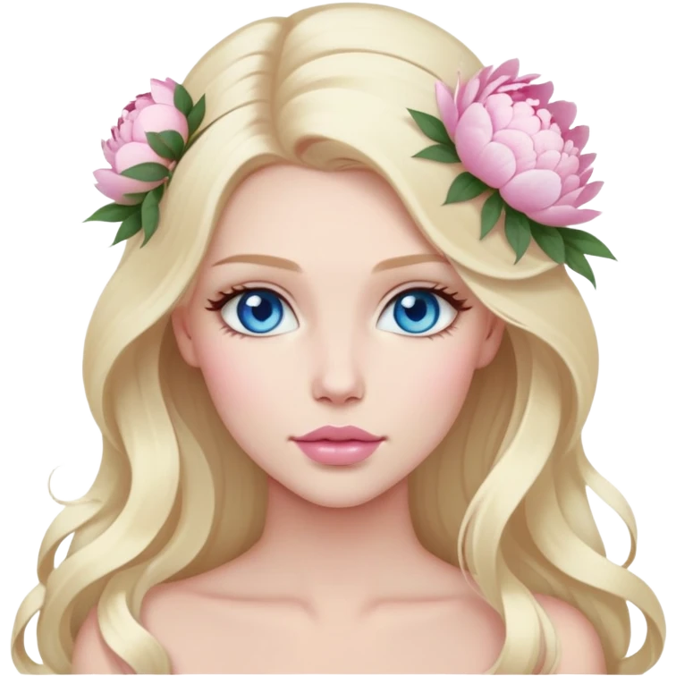 White bride with long light blonde hair and blue eyes with light pink peonies in hair white skin light pink lips emoji