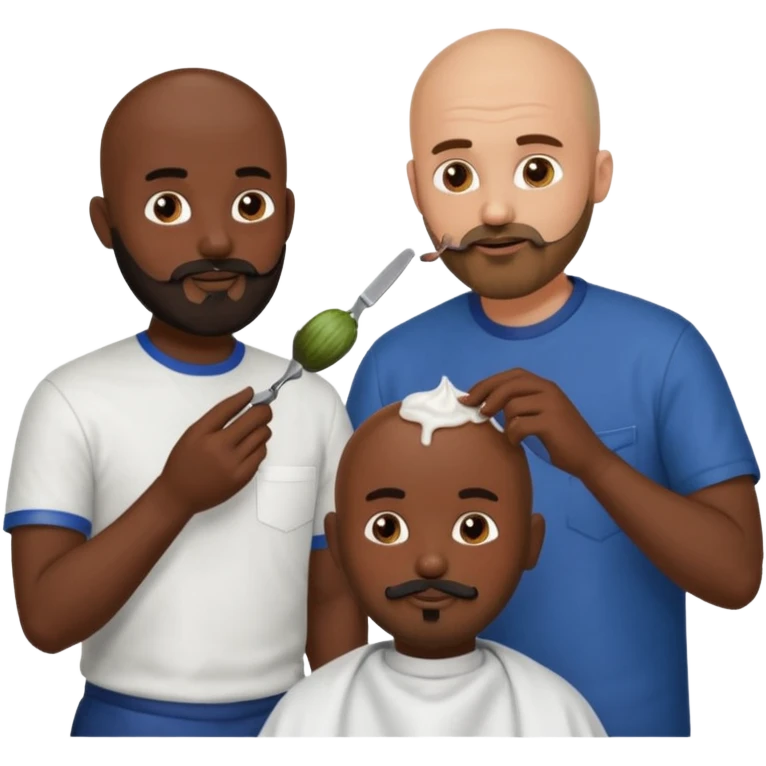 A bald man with a dark brown beard cutting someone’s hair at a barber shop and the other guy is eating a poop ball and the poop ball has eyes emoji