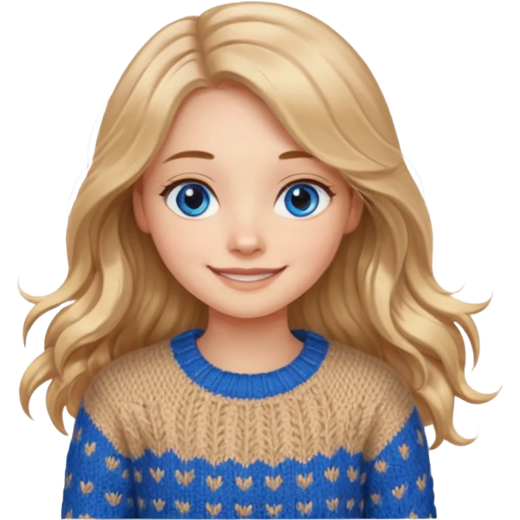 ЗГЕНЕРУЙ ДІВЧИНУ З СВІТЛИМ, ПШЕНИЧНИМ, ТРОХИ ХВИЛЯСТИМ ВОЛОССЯМ, ОДЯГНЕНУ У В'ЯЗАНИЙ ТІЛЕСНИЙ СВЕТР. В НЕЇ ГОЛУБІ ОЧІ ТА ДОВГЕ ВОЛОССЯ, ВОНА УСМІХНЕНА emoji