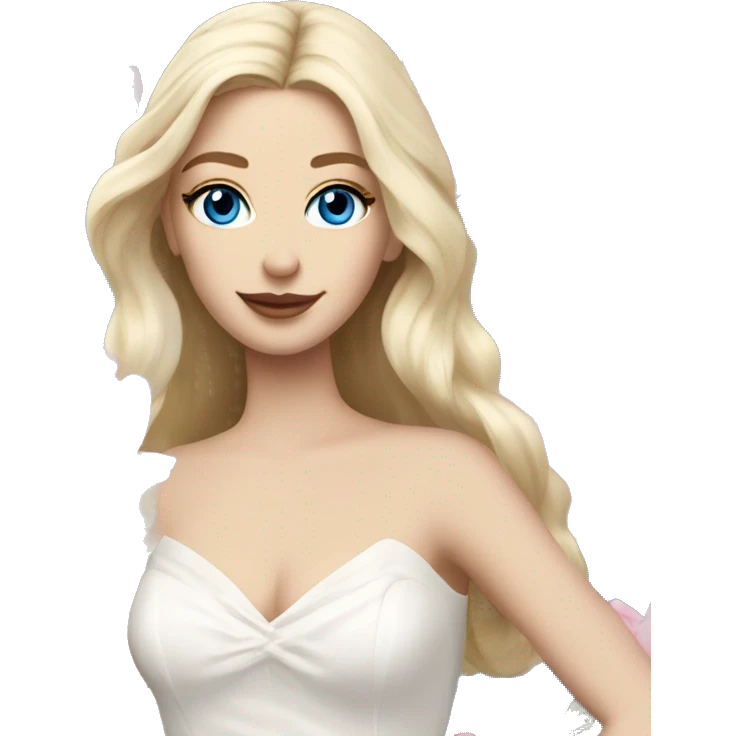 White bride with long light blonde hair and blue eyes with light pink peonies in hair white skin  emoji