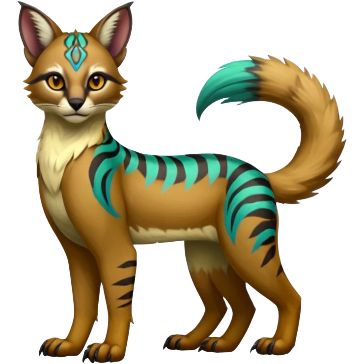 Realistic Colorful tropical tribal fruity exotic neon vibrant fantasy-caracal-civet-genet-sergal-vernid-Gryphon-Cacomistle-Trico-oncilla-animal-Fakémon-hybrid-fursona (full body), facial markings, (realism style) emoji