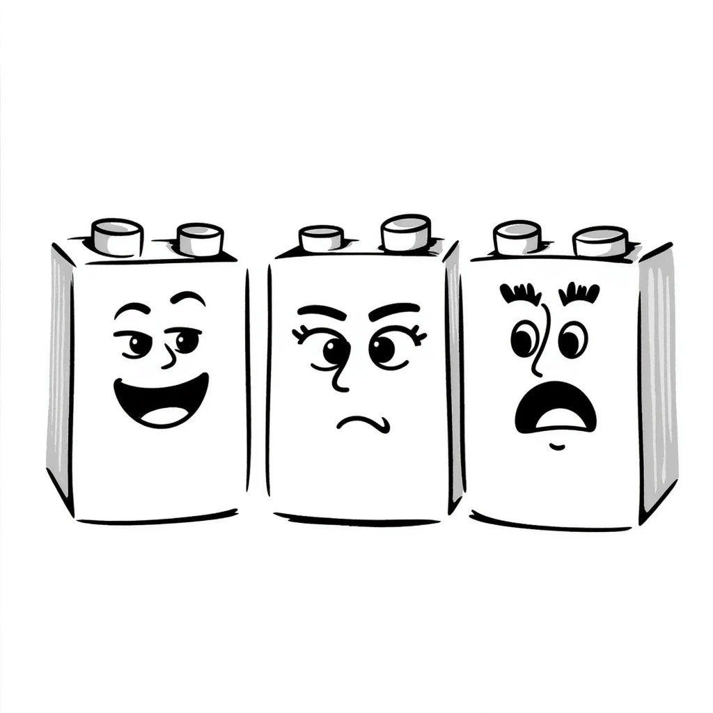 A collection of Lego-style bricks with different facial expressions emoji