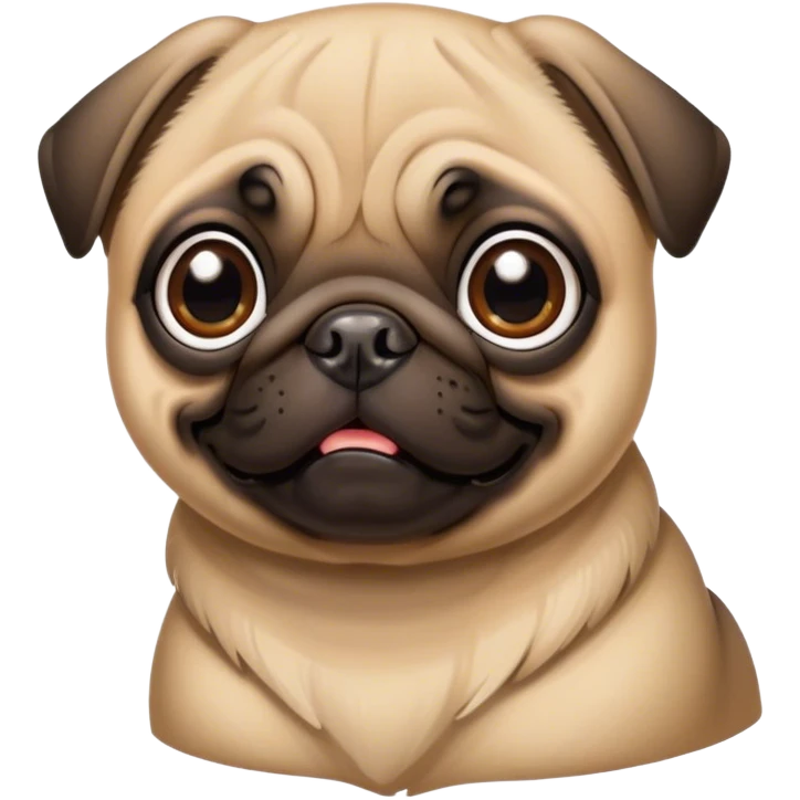 Cinematic Cute Fawn Pug Portrait Emoji, Head tilted playfully and inquisitively, featuring a smooth fawn coat with a subtle sheen, round, sparkling dark eyes filled with curiosity, Simplified yet irresistibly adorable features, highly detailed, glowing with a warm, friendly glow, high shine, affectionate and lively, stylized with a touch of whimsy, bright and endearing, soft glowing outline, capturing the essence of a mischievous yet loving pup, so playful it feels like it could bounce out of the screen and into your arms! emoji
