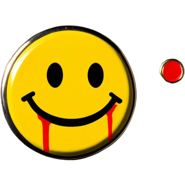 Yellow circular smiley face pin with a small red blood splatter on it emoji