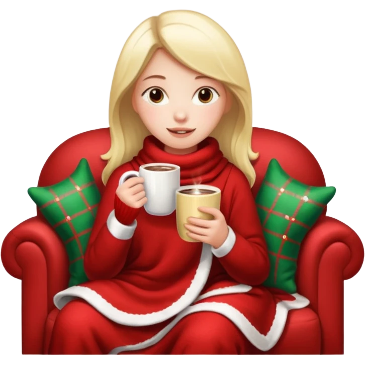 Girl celebrate christmas on the sofa, with hot chocolate, warm sock, warm blanket emoji