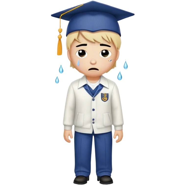Create an emoji of a student with white skin tone crying. He is wearing a university uniform, including a shirt and pants and hat. The man is visibly upset, with tears streaming down his face. The background should be simple to emphasize his emotional state, conveying the feeling of being overwhelmed with school stress or personal struggles emoji