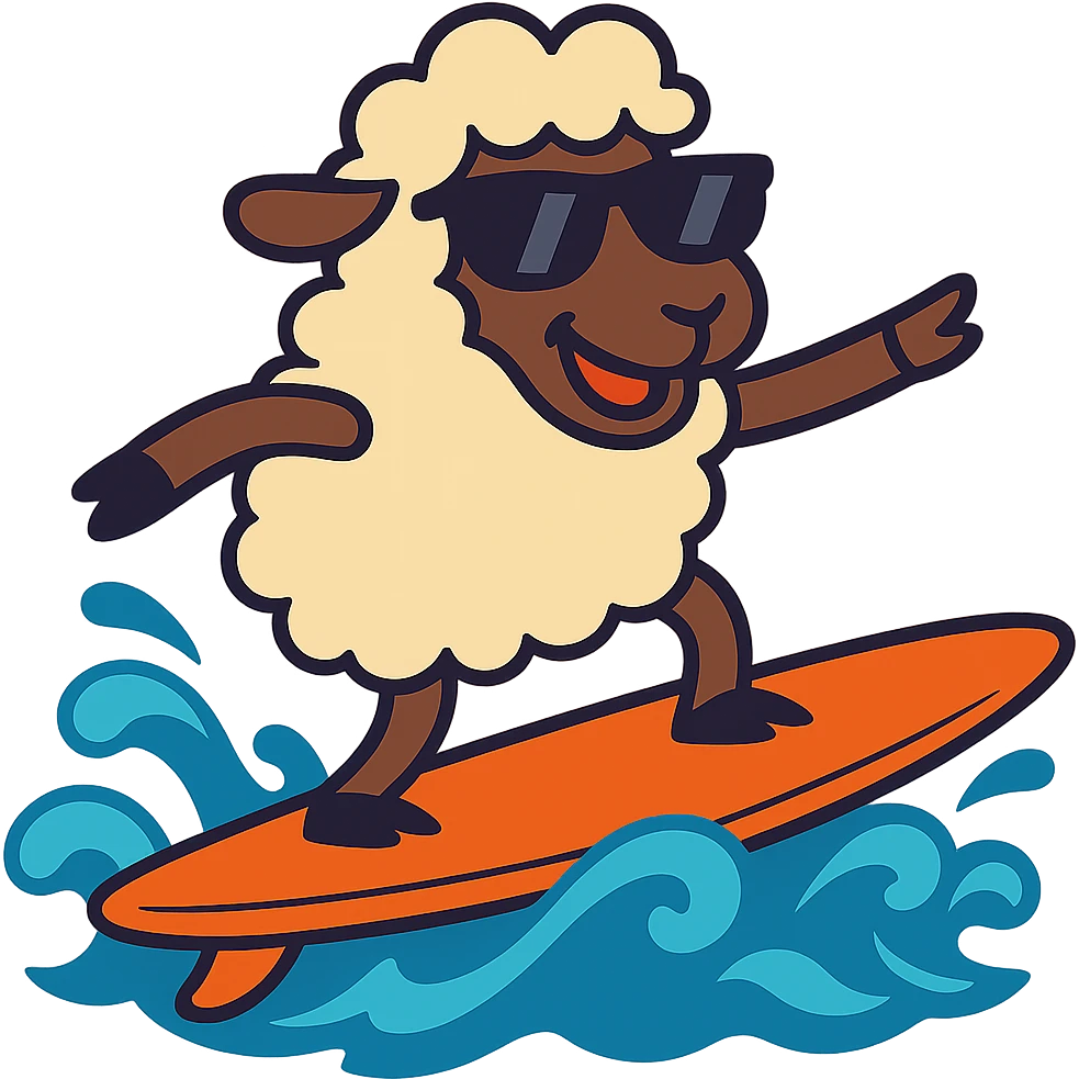 Add cool sunglasses to the sheep while keeping the surfboard and vibrant cartoon style the same. Remove the background. emoji