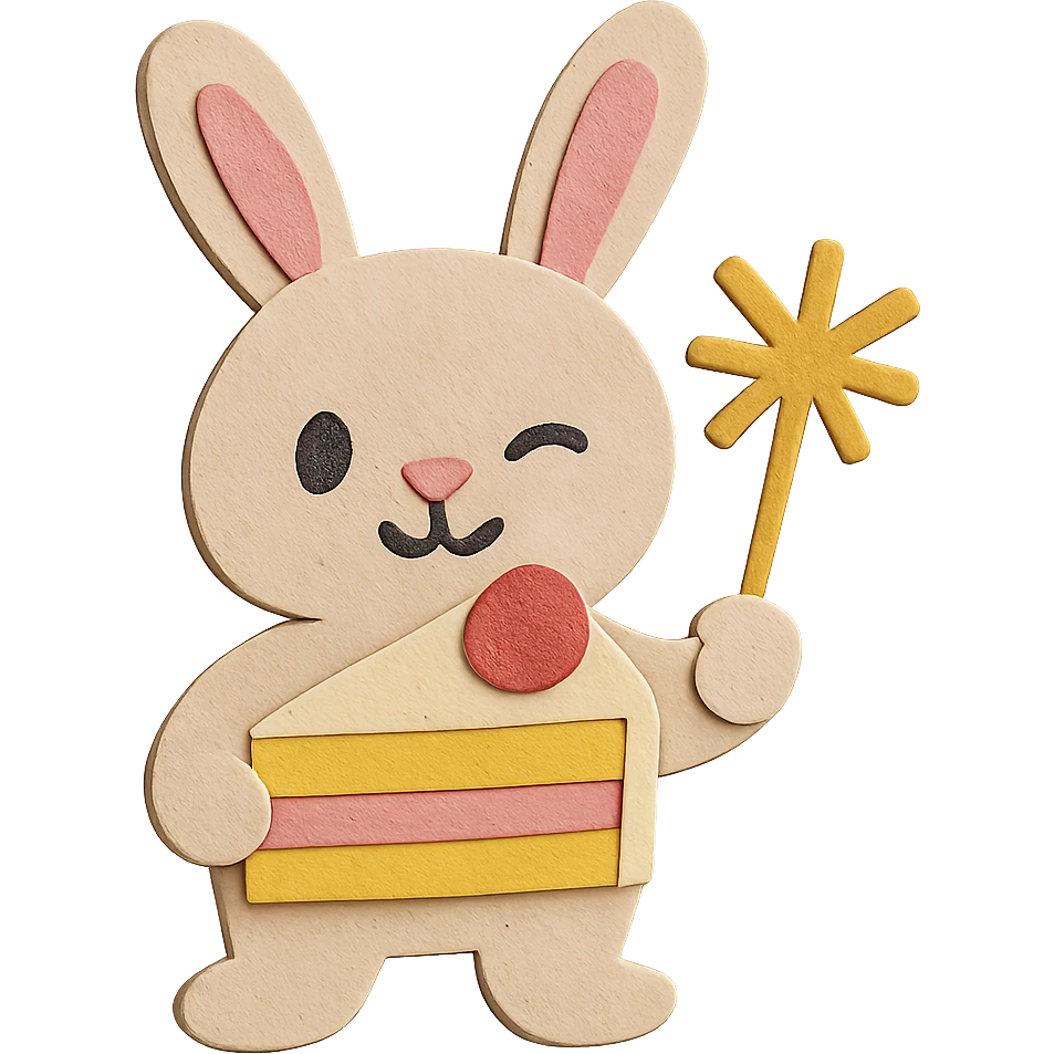 Adjust the bunny's ears so they visually match in shape, size, and style, while keeping the laugh expression, cake slice, sparkler, and paper-craft style unchanged. emoji