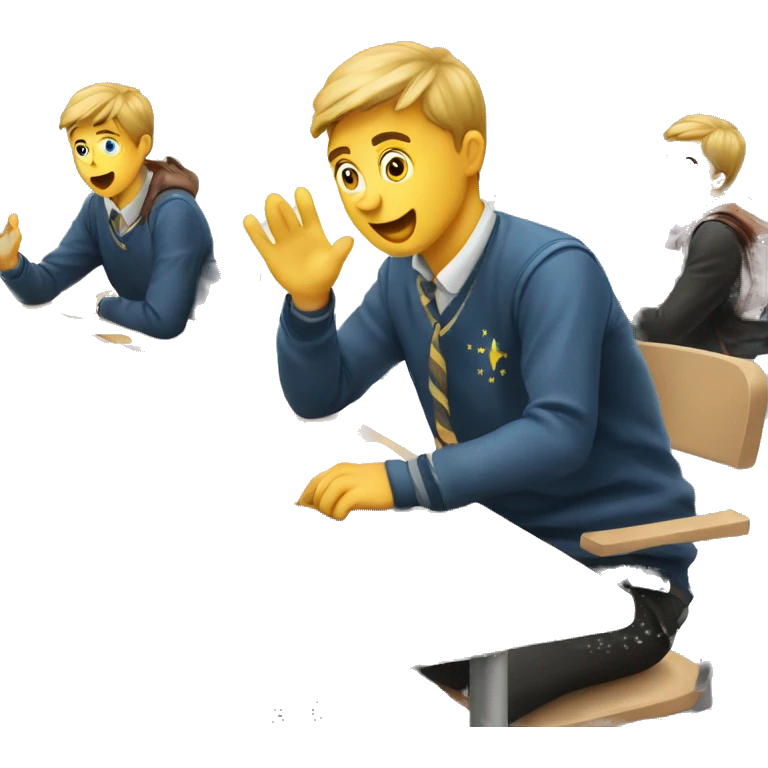 European students sitting at desks. One tries to catch a bag emoji
