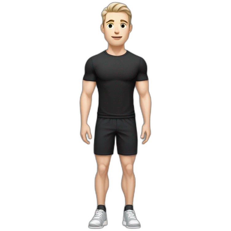Pale skinned Fit Man With the biceps and dark brown hair in black shirt, gray sports shorts and white Sneakers emoji