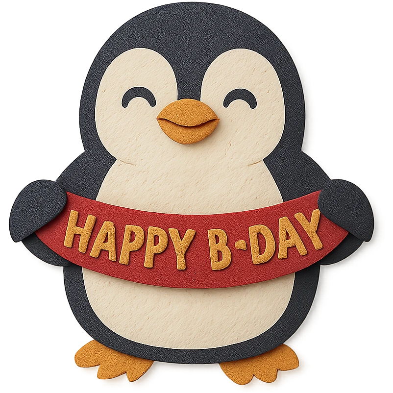 smiling penguin holding 'Happy B-Day' banner, paper-craft style emoji