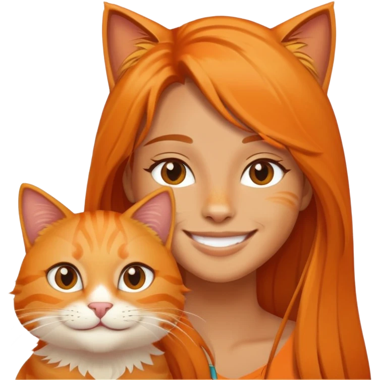 smiling solo with long hair con gata naranja  emoji