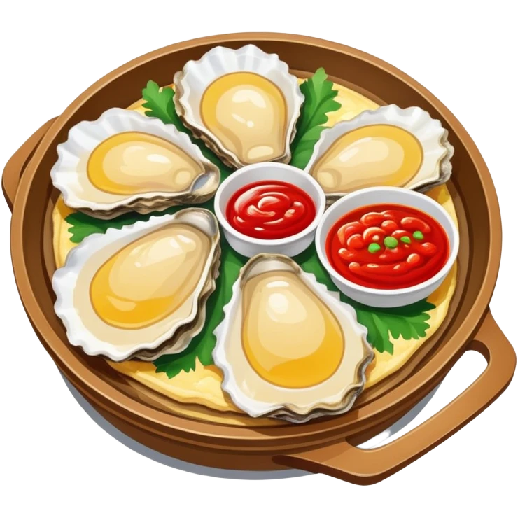 Fujian oyster omelette with red sauce, simplified emoji style with bold outlines and bright colors, cartoon style Xiamen street food emoji