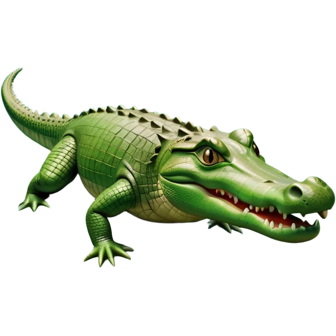 cinematic-crocodile-realistic-full-body-on all fours-emoji,-massive-scaled-body-partially-submerged-in-shallow-water,-head-tilted-dramatically,-rough-green-and-brown-hide-textured-with-deep-ridges,-simplified-yet-realistic-focused-features, head held high emoji