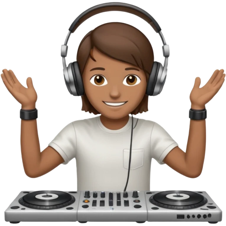 White dj mixing with dj booth, headphone on head, no cap, not bald, brown hair  emoji