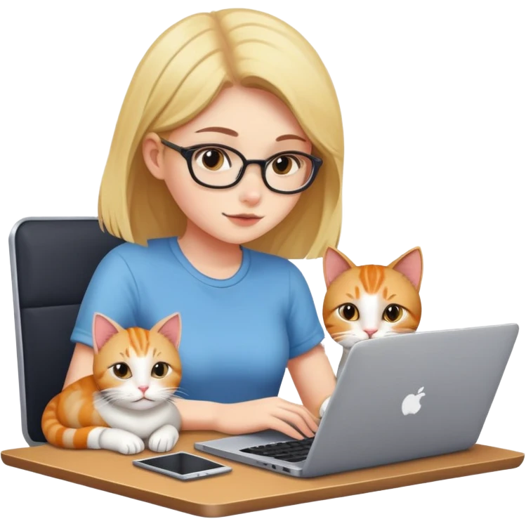 A girl is working on a laptop with a cat lying next to it emoji