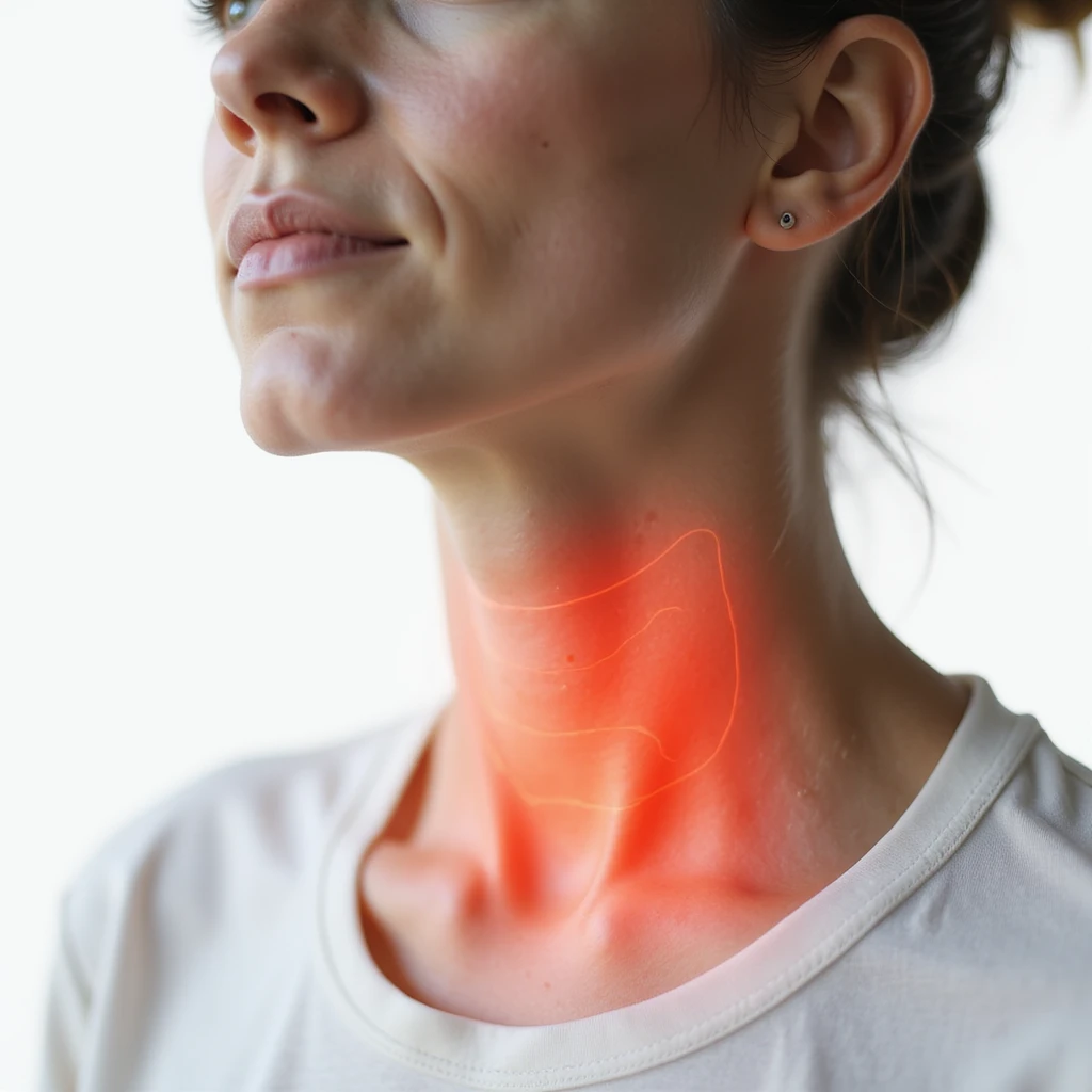woman with hypothyroidism, thyroid highlighted in red on the neck, puffy face and dry skin, focus on thyroid area, hyperrealistic details, 4K, white background emoji