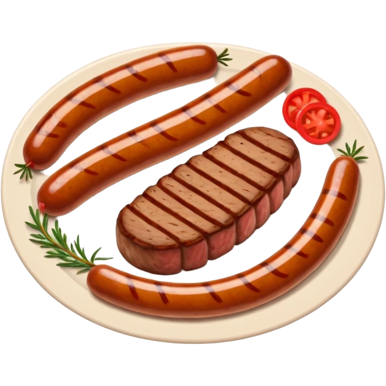 Meat dishes avatar in clean emoji-style illustration. Steak, roasted meat, and sausages, rich brown and red tones, simple shapes, flat design, hearty and appetizing. emoji