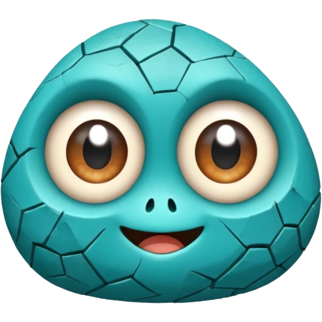 One small turquoise rock creature, rounded but still clearly a rock with cracks and facets, big expressive eyes and a shy smile, emoji