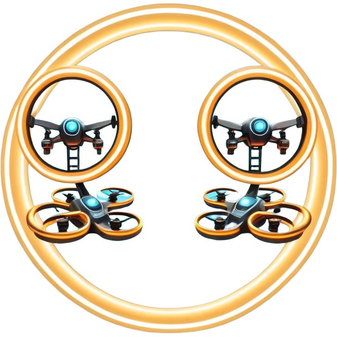 An icon featuring two racing drones flying at high speed through glowing rings on an obstacle course. Motion blur and a dynamic aerial path show intense competition. A controller appears in the corner. Transparent background highlights the thrill and precision of drone racing. emoji