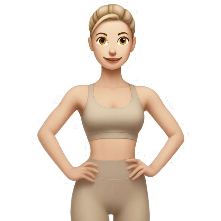 Pale skinned fit women in a beige tight yoga suit and wristbands with brown hair in a bun doing yoga emoji