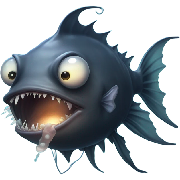 Anglerfish with a glowing lure hanging from its forehead, sharp teeth, and big eyes. emoji
