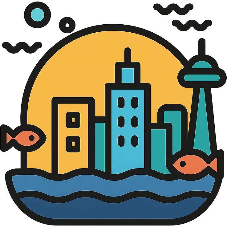 clean lines, color accents, underwater city emoji