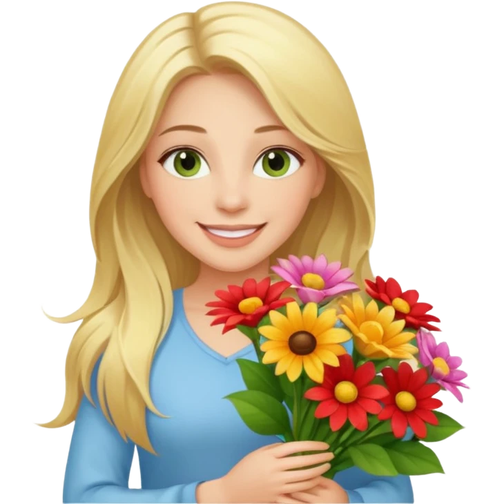 Long blonde haired smiling woman with hazel geen eyes holding a big bouquet of beautiful bright flowers  emoji