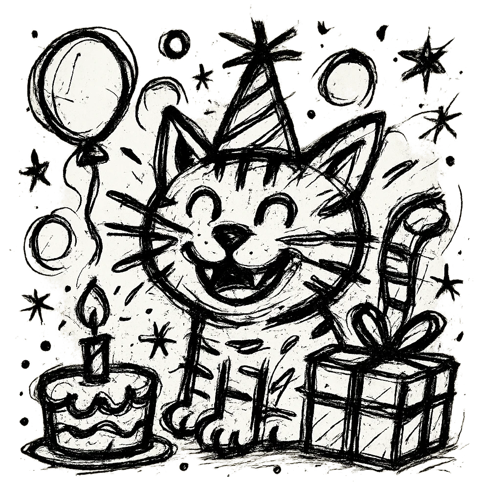 chaotic outlined icon of a ginger tabby kitten wearing a birthday hat, surrounded by a birthday cake, balloons, gifts, and a happy expression emoji