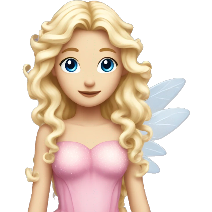 Fairy, a blonde hair with blue eyes and a pink dress with sparkly wings. White wings. The fairy has long, curly hair with a lot of volume emoji