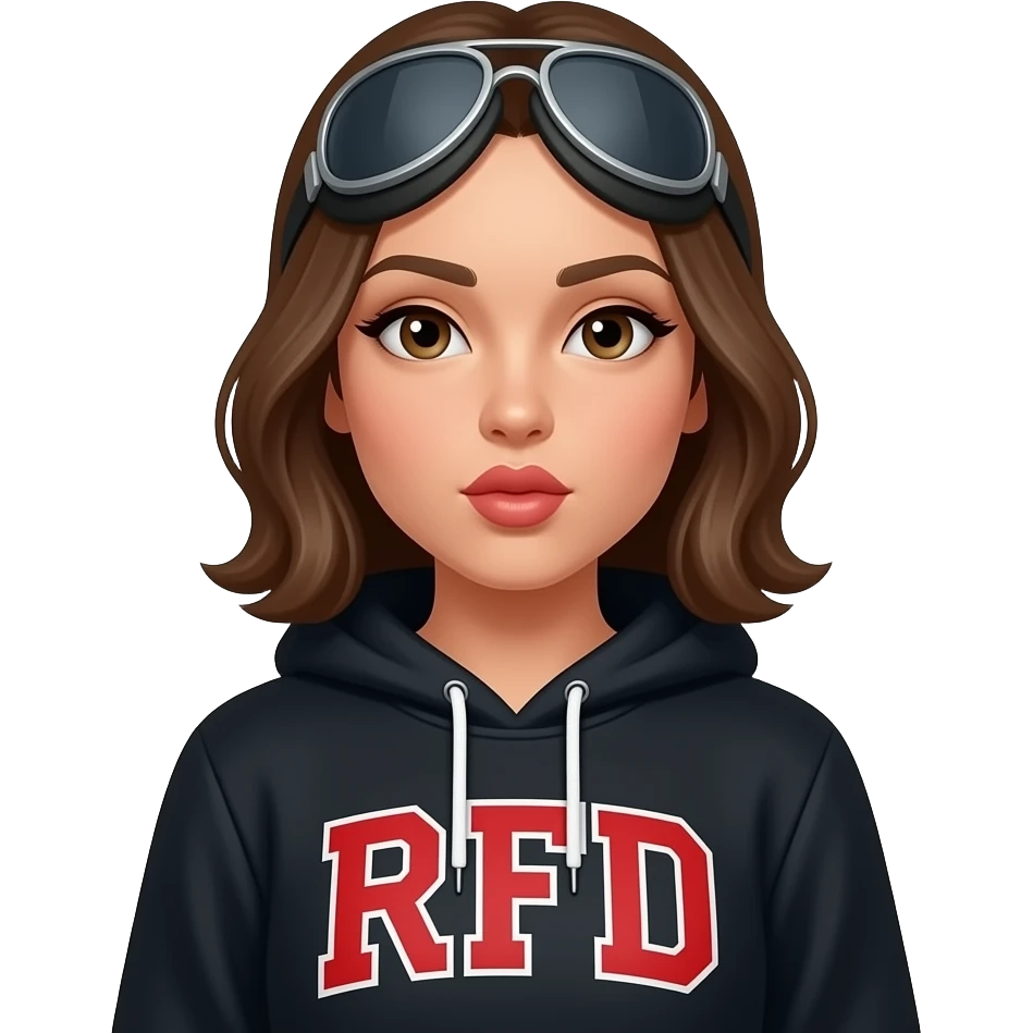 Woman in Black hoodie with red initials RFD wearing aviators pouting emoji