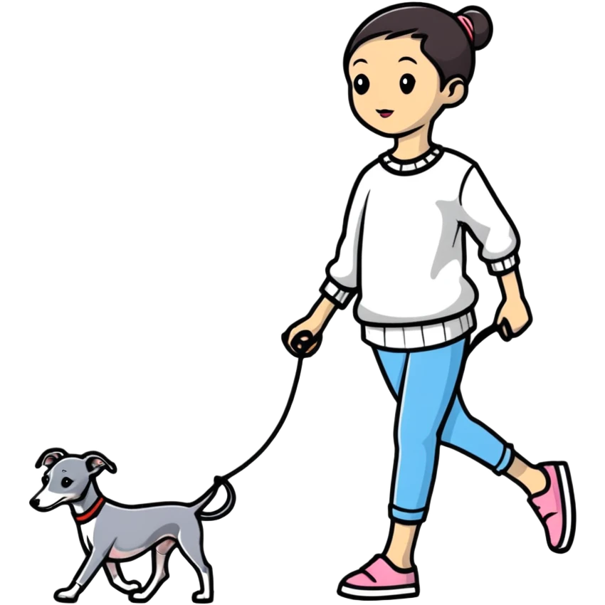 Asian girl walking an all grey Italian greyhound emoji