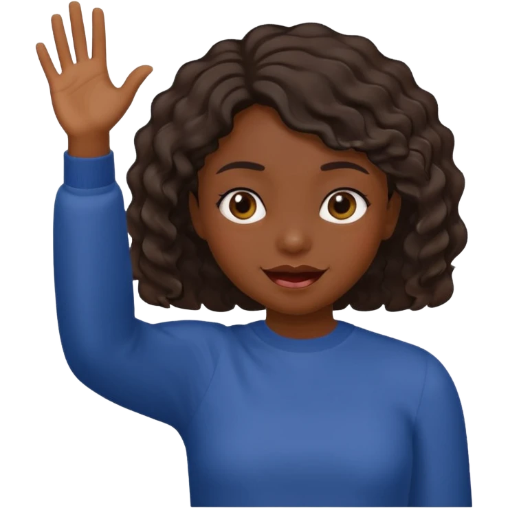 فتاة سمراء البشره ذات شعر قصير مموج ترفع يدها اليمين 🫷🏻هكذا وتعمل حركات ببوجها نفس الاموجي 😜 emoji