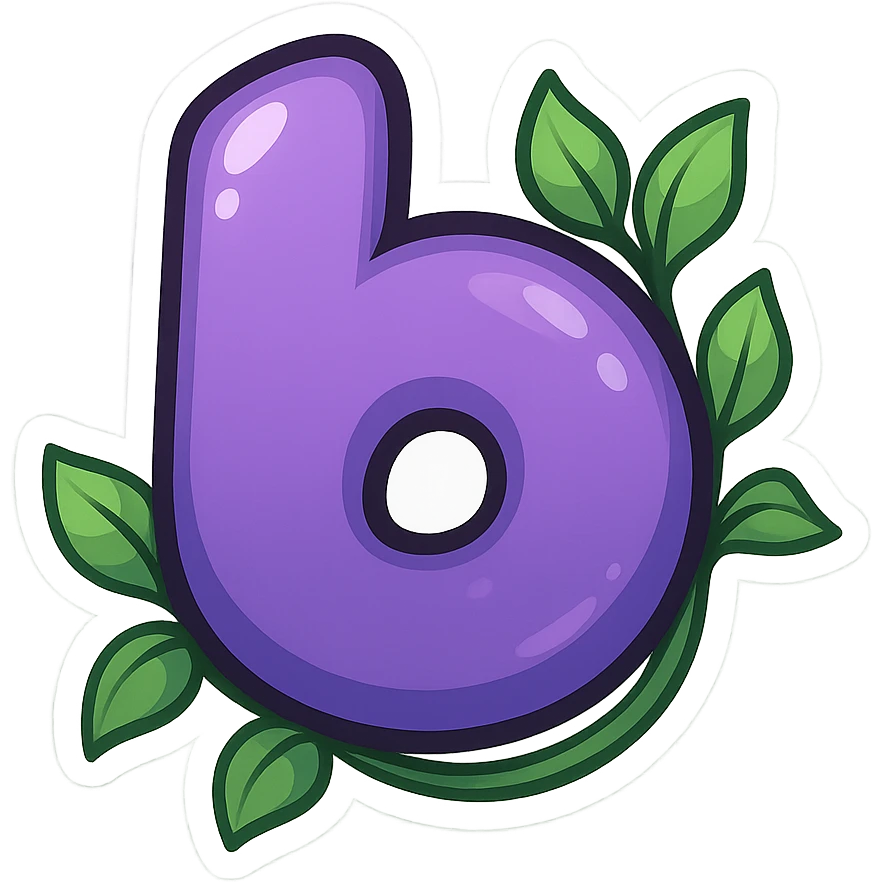 plump vibrant Boosty logo cartoon style purple b without lightning bolt cutout bold outline expressive shadows glossy highlights no background leafy vine wrapping around logo emoji