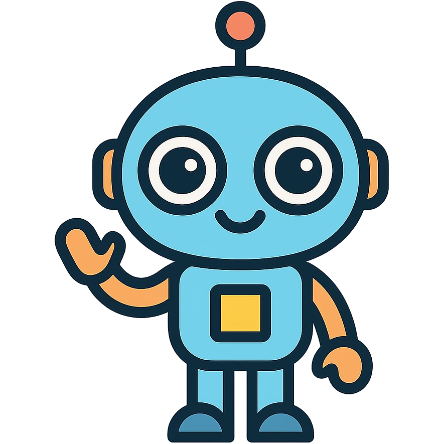 A cute, cartoonish, and friendly robot with a round head, big expressive eyes, and a small body, giving off a welcoming and helpful vibe emoji