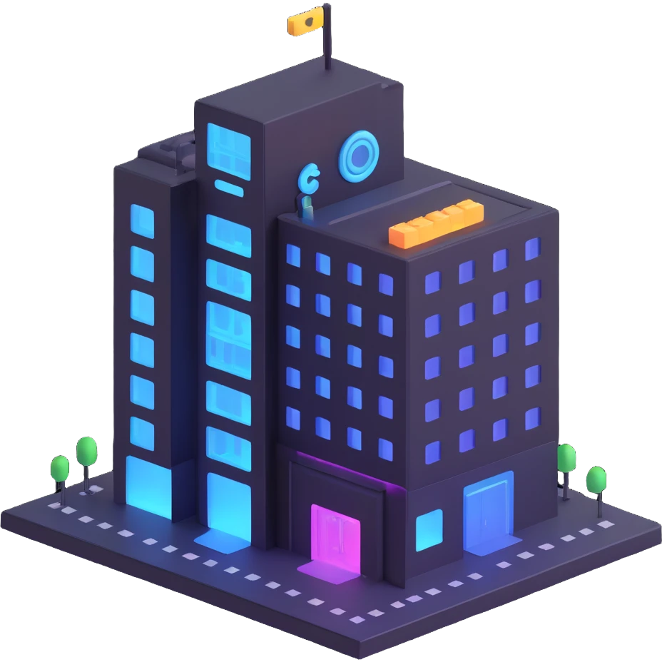 bank emoji styled as a virtual building, transparent walls, circuit patterns, holographic effect emoji