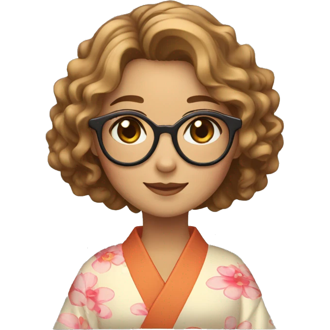 create an emoji of a girl with wavy hair, down to her shoulders, in light brown, with glasses, smiling and in a kimono emoji