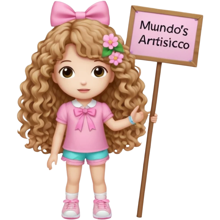 Una muñequita chibi kawai con cabello largo crespo color castaño claro y un moño rosado una blusita rosada con flores un shorts blanco zapatos estilo tenis blancos en sus manos un letrero que diga mundos Artistico Cc  emoji