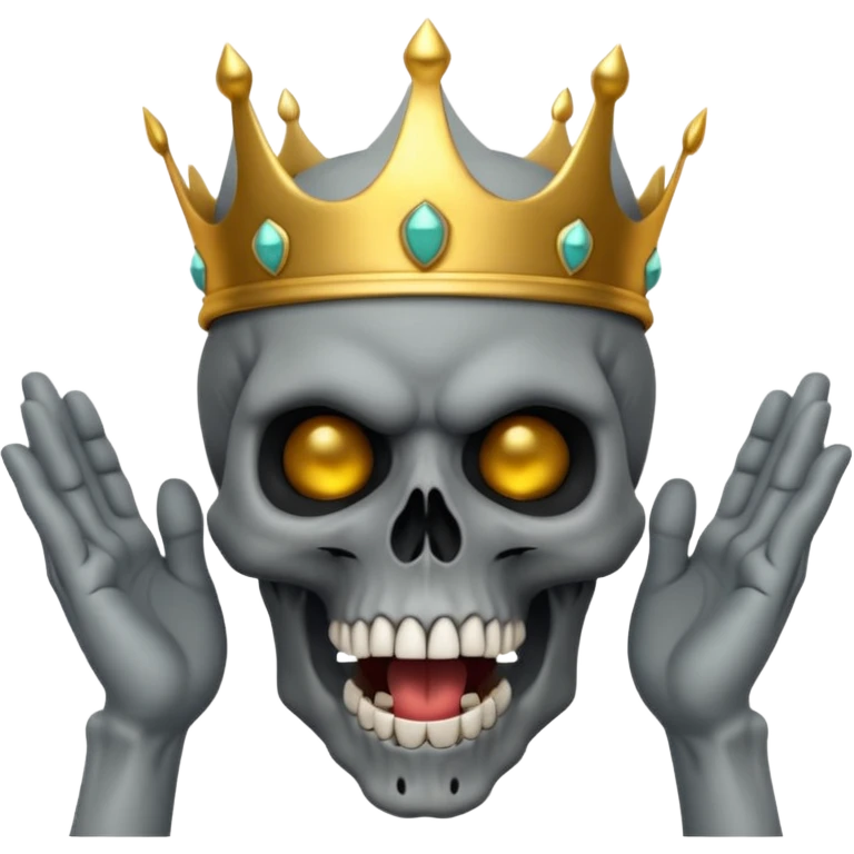 Demonic 3D skull holding its head by its two hand in shock, mouth open, wearing a golden crown, dark horror vibe emoji