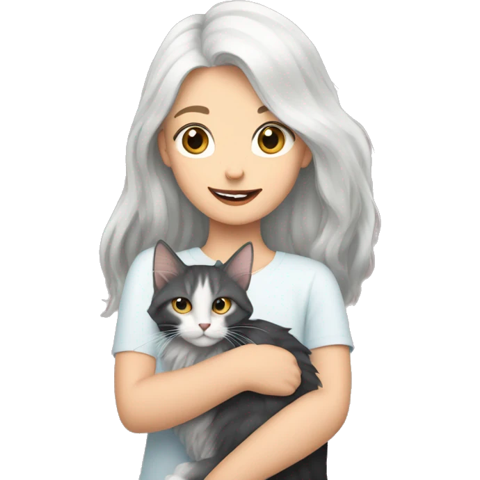 A girl with white hair holds a Maine coon cat in her arms emoji